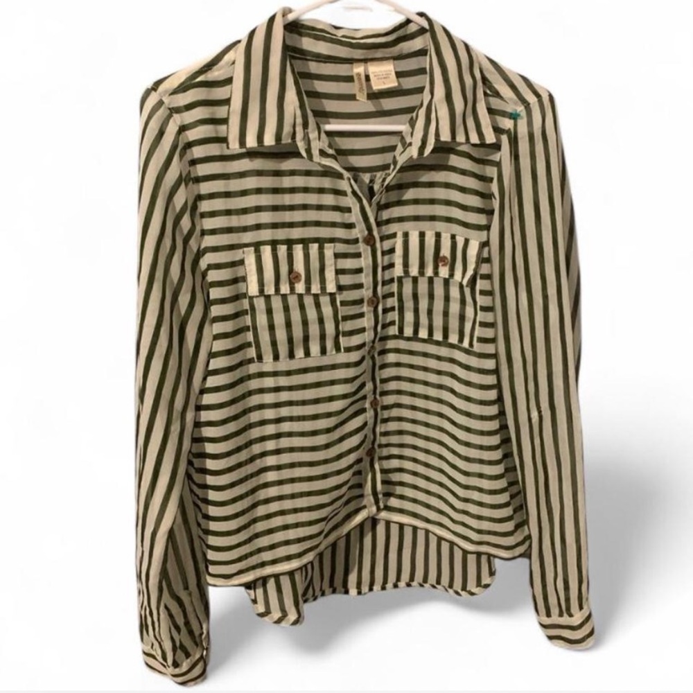 Green and White Striped Button-Up Shirt